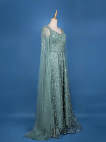 Turquoise Green Net Sequins And Beads Embroidery Party Wear Gown - Diadem
