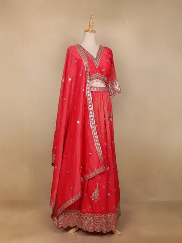 Red Tissue Organza Floral Designed Bridesmaid Lehenga - Diadem
