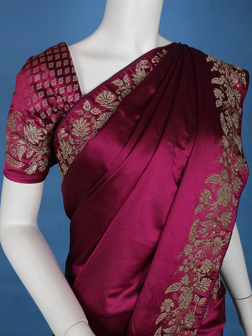 Wine Floral Embroidery Bridal Banarasi Silk Saree - Diadem