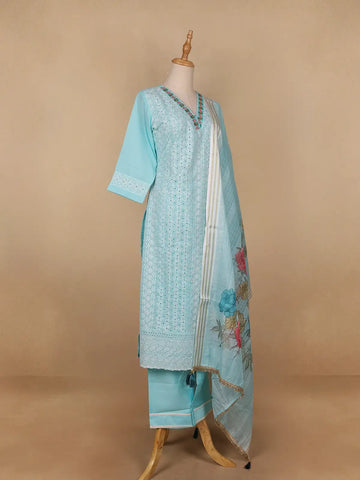 Sky Blue Floral Designed Cotton Salwar Suit - Diadem