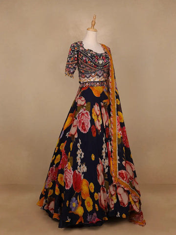 Black Floral Embroidered Chiffon Bridesmaids Lehenga - Diadem