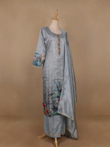 Blue Grey Floral Designed Semi Silk Salwar Suit - Diadem