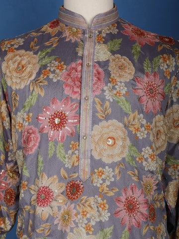 Purple Sequins And Floral Printed Semi Silk Kurta Set With Pant - Diadem