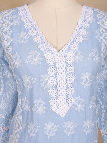 Blue Floral Embroidery Cotton Salwar Suit - Diadem