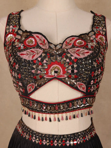 Black Floral Designed Semi Silk Bridesmaid Lehenga - Diadem