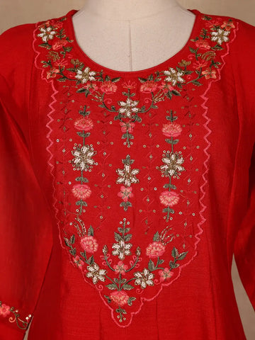 Red Floral Designed Raw Silk Salwar Suit - Diadem