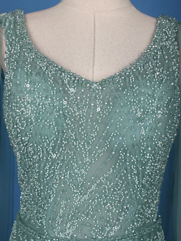 Turquoise Green Net Sequins And Beads Embroidery Party Wear Gown - Diadem
