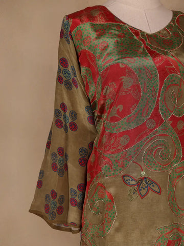 Olive Green Floral Designed Semi Silk Salwar Suit - Diadem