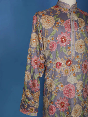 Purple Sequins And Floral Printed Semi Silk Kurta Set With Pant - Diadem