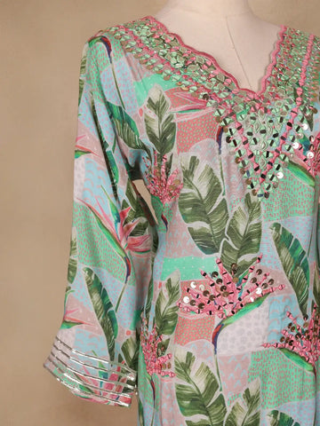 Green Floral Designed Semi Silk Sharara Salwar suit - Diadem