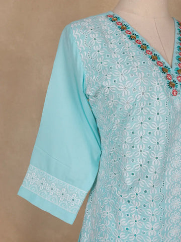 Sky Blue Floral Designed Cotton Salwar Suit - Diadem