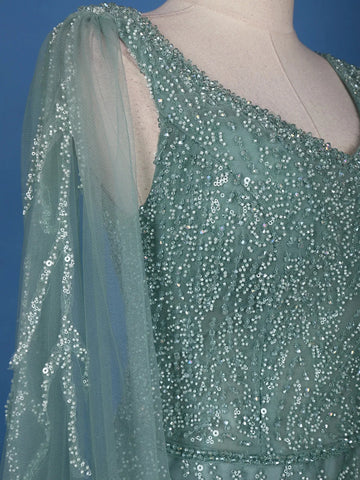 Turquoise Green Net Sequins And Beads Embroidery Party Wear Gown - Diadem