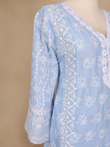 Blue Floral Embroidery Cotton Salwar Suit - Diadem