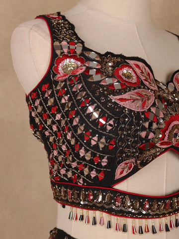 Black Floral Designed Semi Silk Bridesmaid Lehenga - Diadem