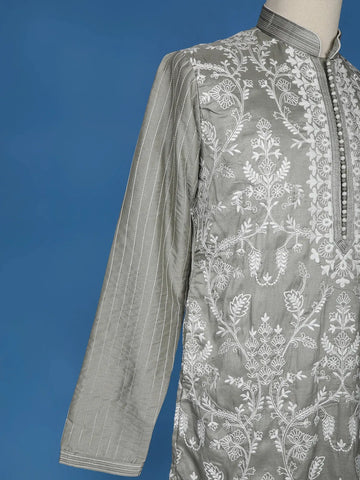 Pista Green Floral Embroidery Semi Silk Kurta Set With Pant - Diadem