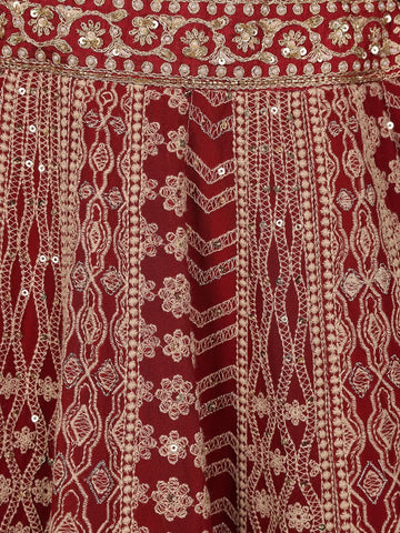 Dark Red Georgette Floral Designed Bridesmaid Lehenga - Diadem