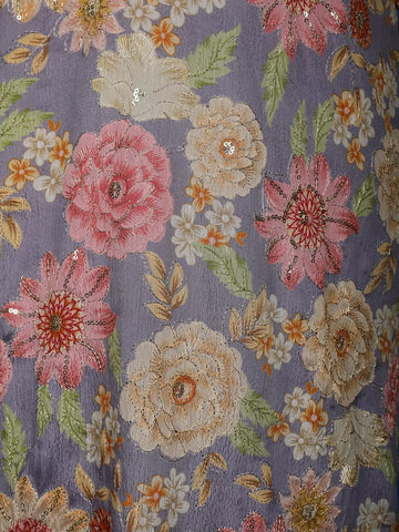 Purple Sequins And Floral Printed Semi Silk Kurta Set With Pant - Diadem