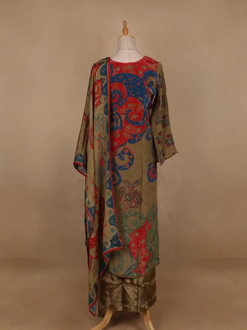 Olive Green Floral Designed Semi Silk Salwar Suit - Diadem