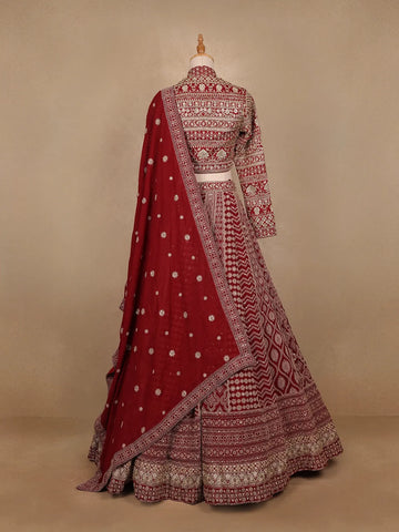 Dark Red Georgette Floral Designed Bridesmaid Lehenga - Diadem