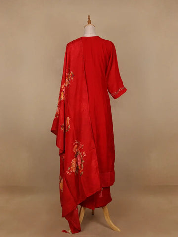 Red Floral Designed Raw Silk Salwar Suit - Diadem