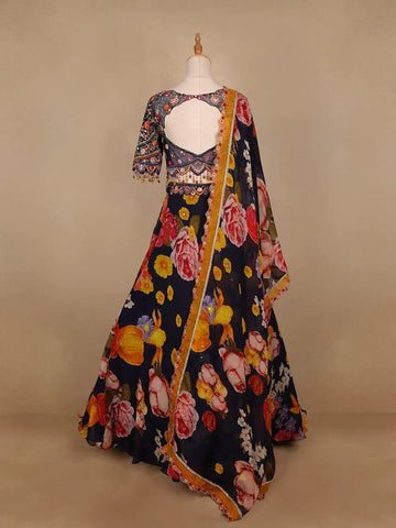 Black Floral Embroidered Chiffon Bridesmaids Lehenga - Diadem