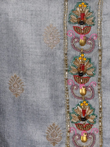 Blue Grey Floral Designed Semi Silk Salwar Suit - Diadem