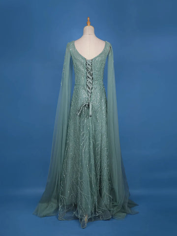 Turquoise Green Net Sequins And Beads Embroidery Party Wear Gown - Diadem