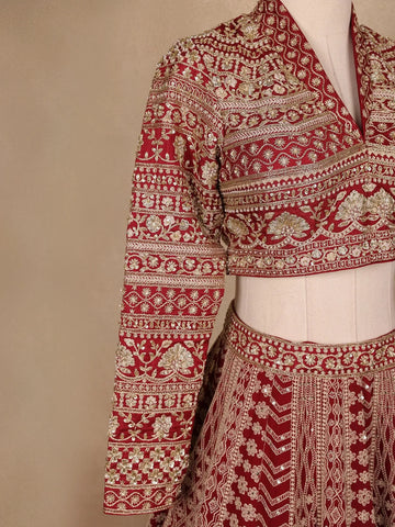 Dark Red Georgette Floral Designed Bridesmaid Lehenga - Diadem