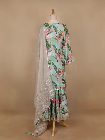 Green Floral Designed Semi Silk Sharara Salwar suit - Diadem