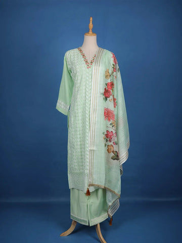 Pista Green Straight Cut Salwar Suit Adorned with Embroidery and Floral Design with Dupatta - Diadem