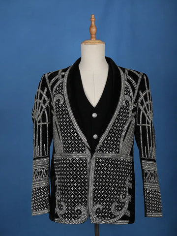 Black Abstract Embroidery Velvet Men's Suit - Diadem