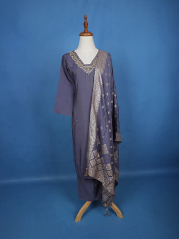 Blue Floral Designed Semi Silk Salwar Suit - Diadem