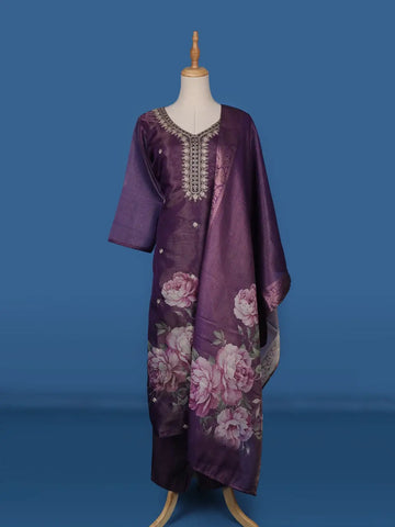 Purple Floral Designed Shimmer Straight Cut Salwar Suit - Diadem