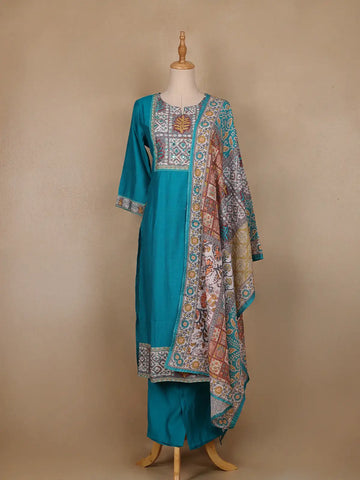 Aqua Blue Floral Designed Raw Silk Salwar Suit - Diadem