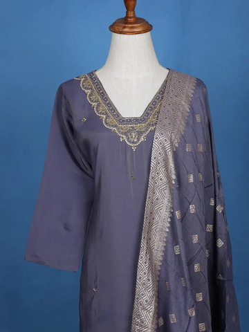 Blue Floral Designed Semi Silk Salwar Suit - Diadem