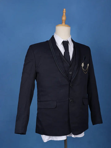 Midnight Blue Solid Men's Suit with Chain Brooch Detailing - Diadem