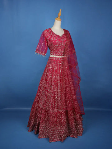 Pink Net Sequins And Floral Embroidery Bridesmaid Lehenga - Diadem
