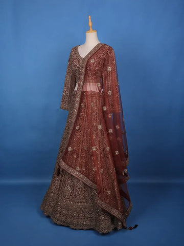 Brown Floral Embroidery Bridal Net Lehenga - Diadem