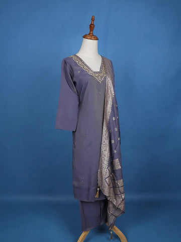 Blue Floral Designed Semi Silk Salwar Suit - Diadem