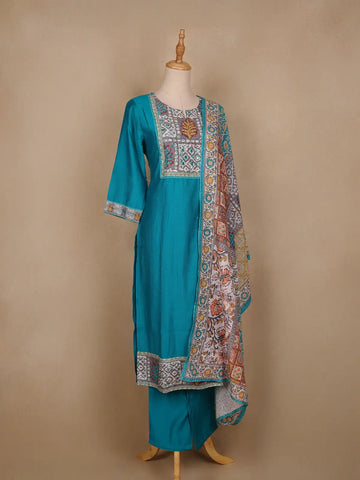 Aqua Blue Floral Designed Raw Silk Salwar Suit - Diadem