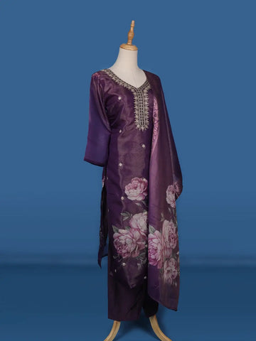 Purple Floral Designed Shimmer Straight Cut Salwar Suit - Diadem