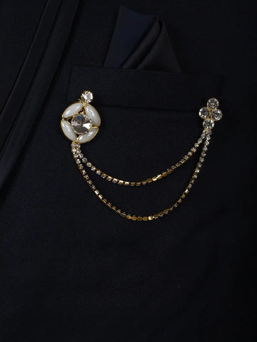 Midnight Blue Solid Men's Suit with Chain Brooch Detailing - Diadem