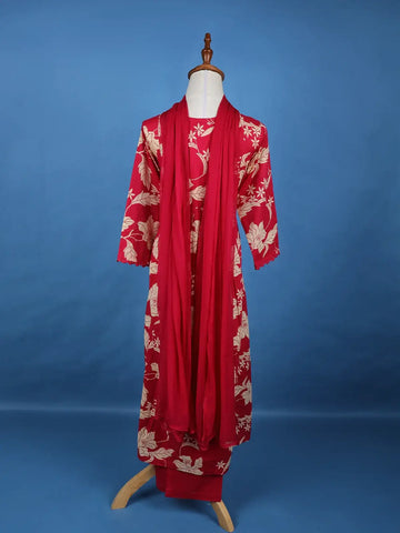 Red Floral Designed Cotton Salwar Suit - Diadem