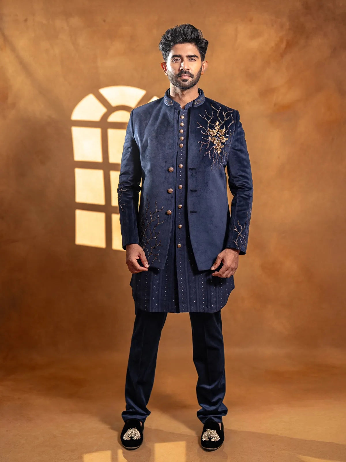 Navy Blue Floral Embroidery Jodhpuri Men's Suit - Diadem