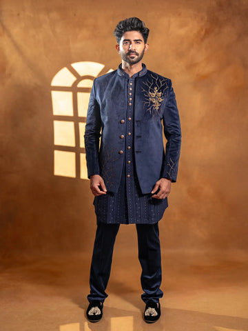 Navy Blue Floral Embroidery Jodhpuri Men's Suit - Diadem