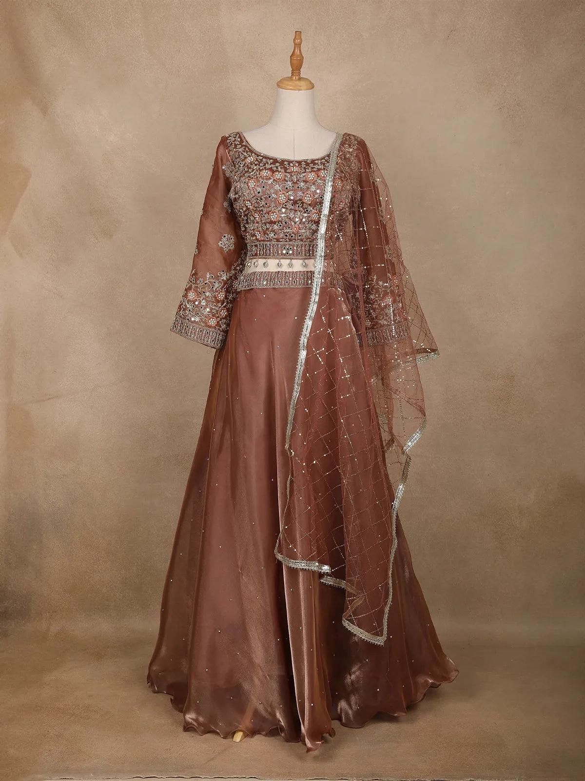 Coral Floral Embroidered Organza Bridesmaids Lehenga - Diadem