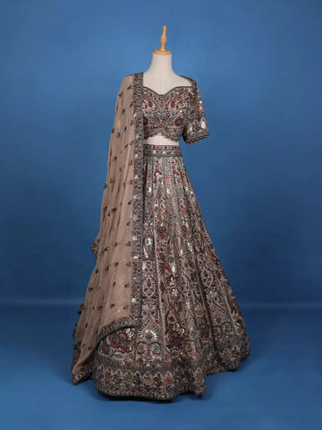 Antique Beige Floral Embroidered Bridal Lehenga - Diadem