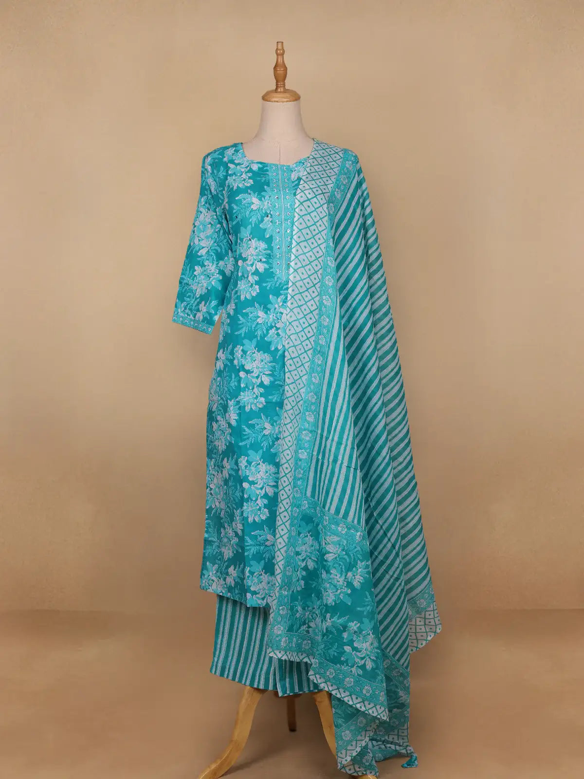 Sky Blue Floral Designed Cotton Salwar Suit - Diadem