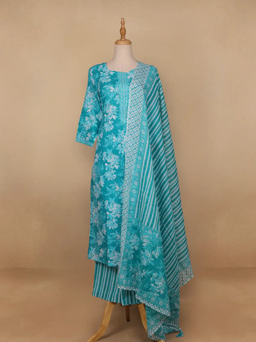 Sky Blue Floral Designed Cotton Salwar Suit - Diadem