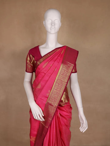 Bright Pink Floral Zari Woven Kanchipuram Silk Saree - Diadem